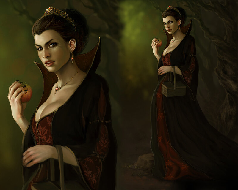 woman in dark forest with apple
