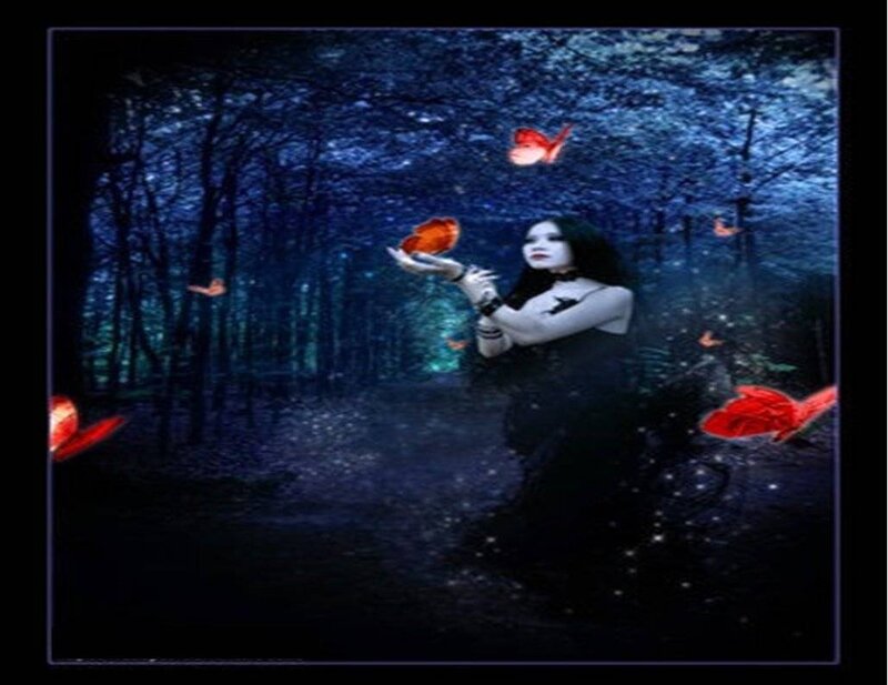 woman in dark forest with butterflies