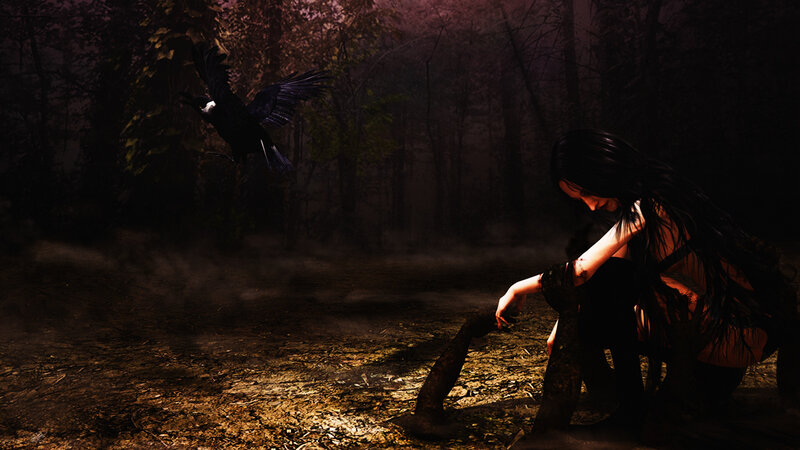 woman in dark forest with crow