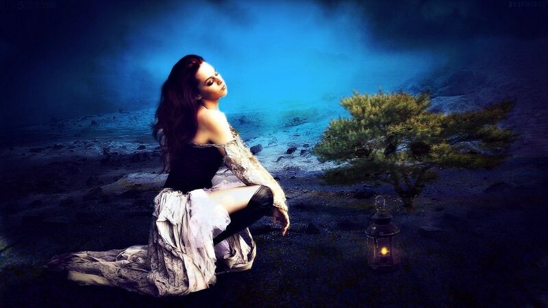 Woman in Dark Landscape — Blue, Dramatic