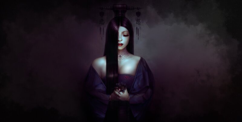 Woman in Dark Robe — Purple, Dramatic, Night