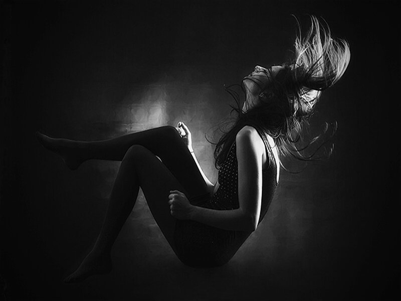 Woman in Dark Room — Black, Dramatic, Photograph, Hair