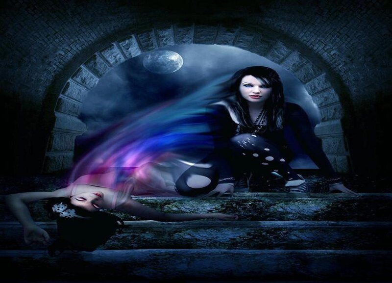 woman in dark tunnel with ghostly figure