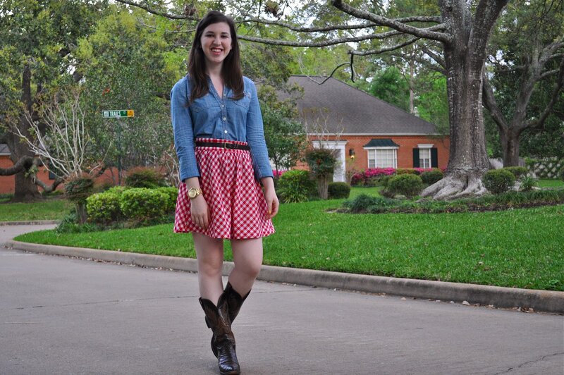 Woman in Denim and Gingham