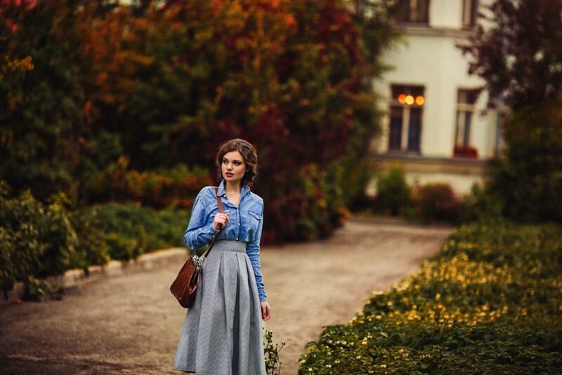 Woman in Denim Dress — Blue, Serene, Autumn