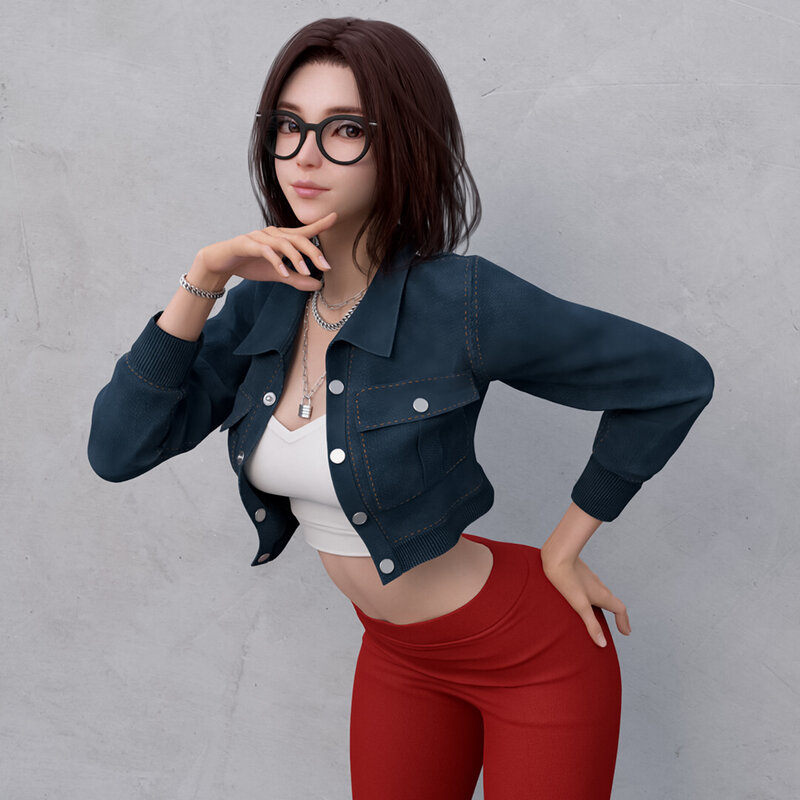 Woman in Denim Jacket — Blue, Confident, 3d Render