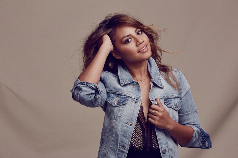 Woman in Denim Jacket — Blue, Confident, Photograph, Denim Jacket, Fishnet Top