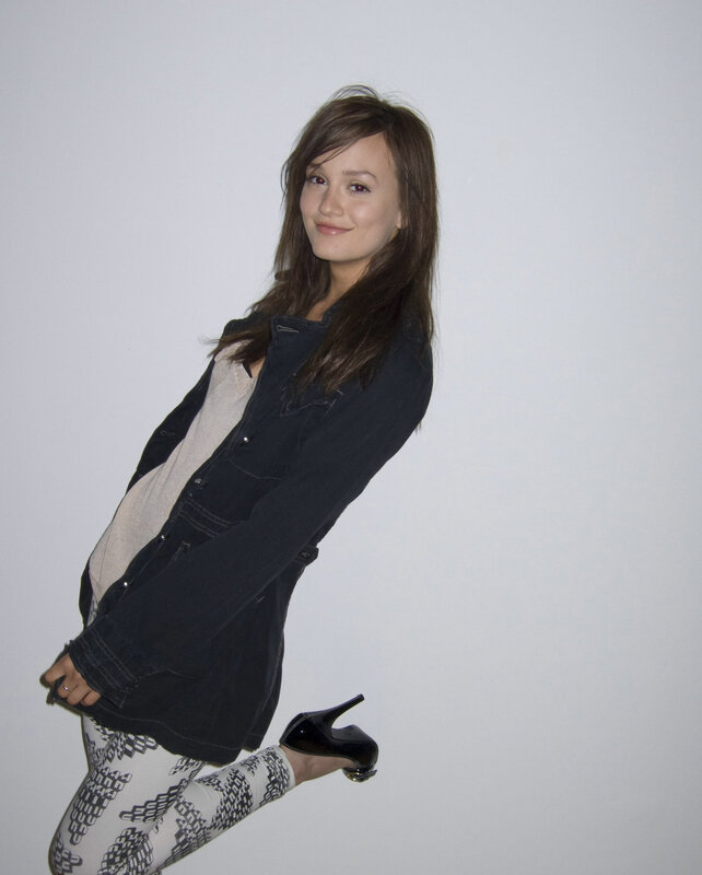 Woman in Denim Jacket — White, Neutral, Photograph, Leggings