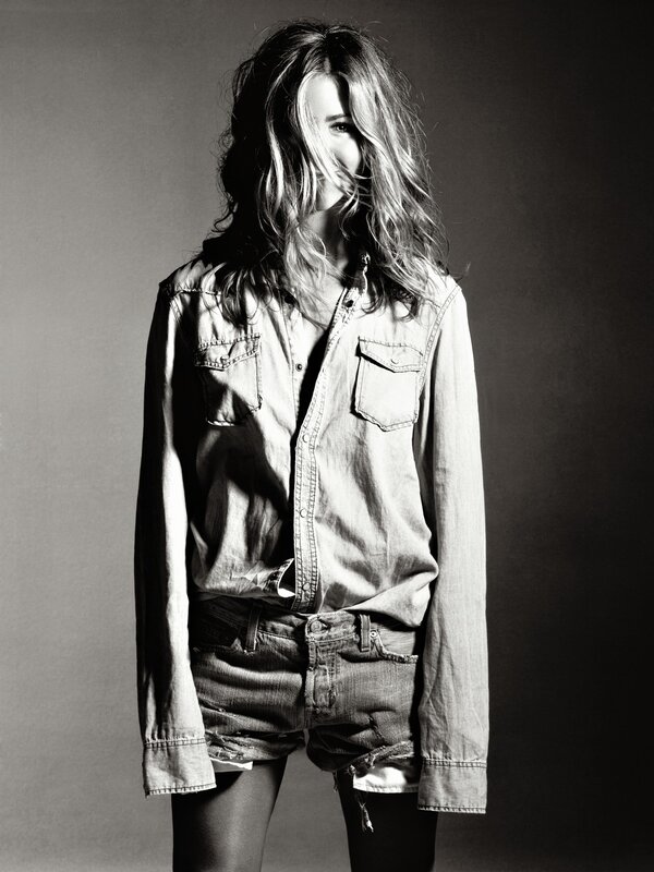 woman in denim shirt