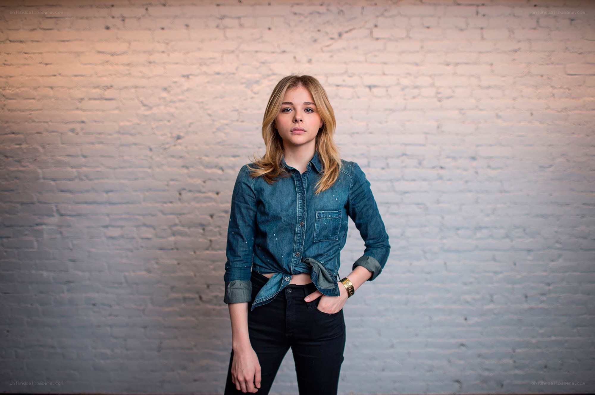 woman in denim shirt