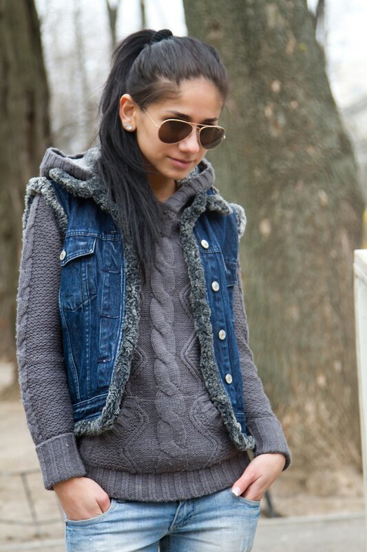 woman in denim vest
