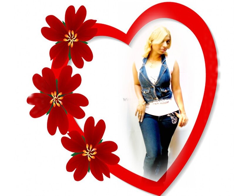 Woman in Denim Vest — Red, Neutral, Photograph, Heart Frame
