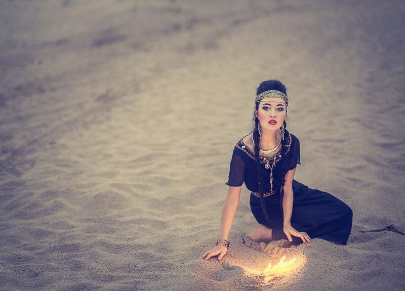 Woman in Desert — Black, Dramatic, Night