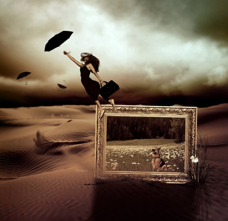Woman in Desert — Brown, Dramatic, Digital Art