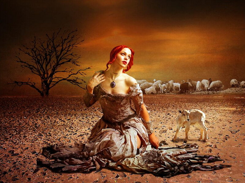Woman in Desert — Brown, Dramatic, Sunset, Digital Art, Sheep