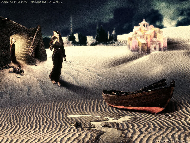 Woman in Desert Landscape — Brown, Dramatic, Night, Digital Art