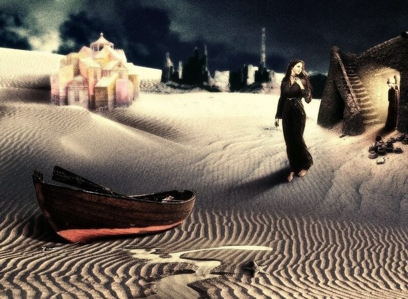 Woman in Desert Landscape — Brown, Dramatic, Night