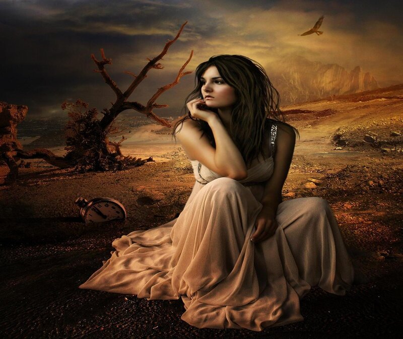 Woman in Desert Landscape — Brown, Dramatic, Sunset, Digital Art