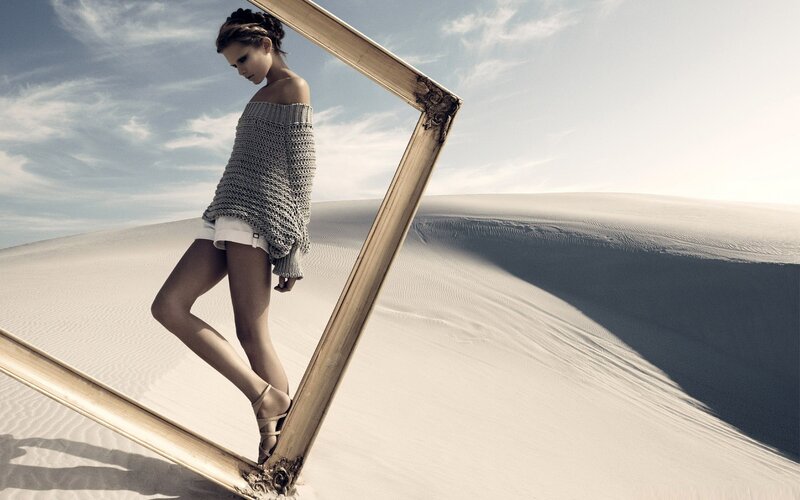 Woman in Desert — White, Dramatic, Afternoon, Photograph, Sand Dunes, Mirror Frame