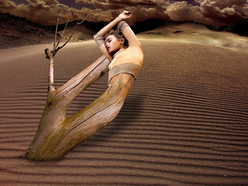 woman in desert with driftwood
