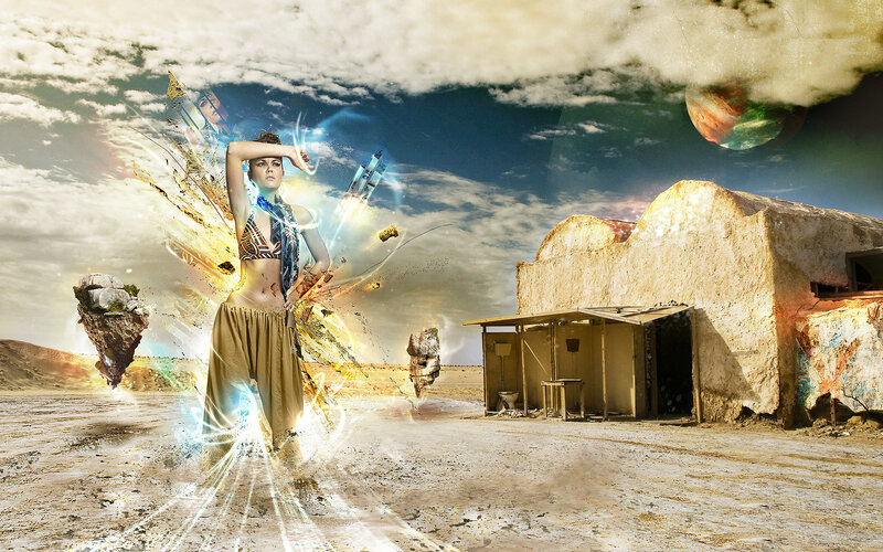 woman in desert with energy effects