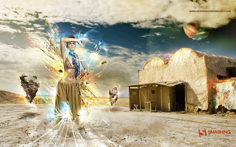 woman in desert with energy effects