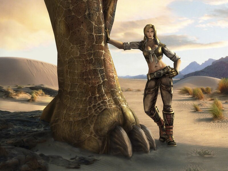Woman in desert with giant creature