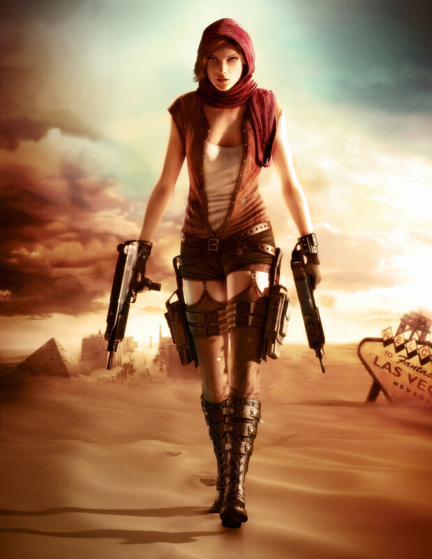 Woman in Desert with Guns