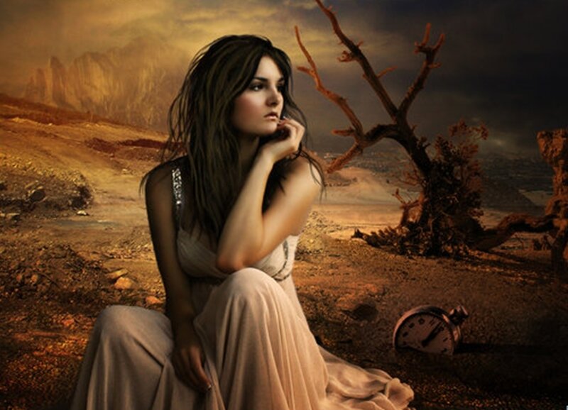 woman in desolate landscape