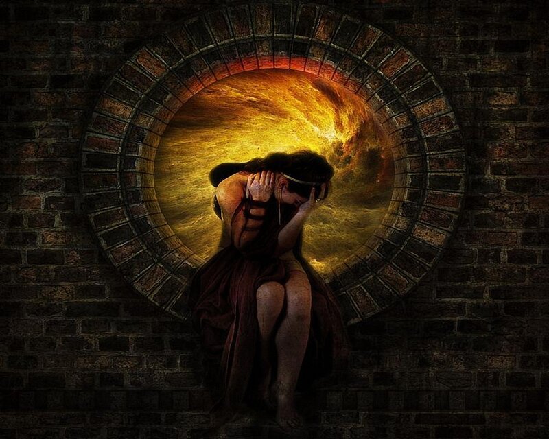 woman in distress by fire