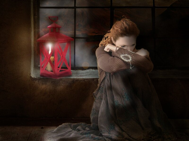 woman in distress by lantern