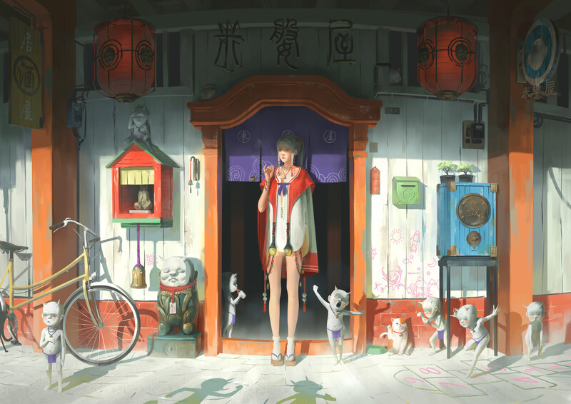 Woman in Doorway with Cats