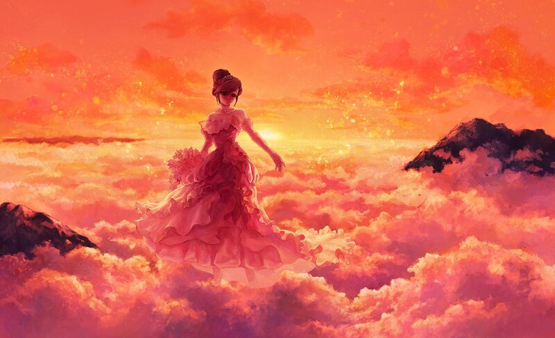 woman in dress floating above clouds