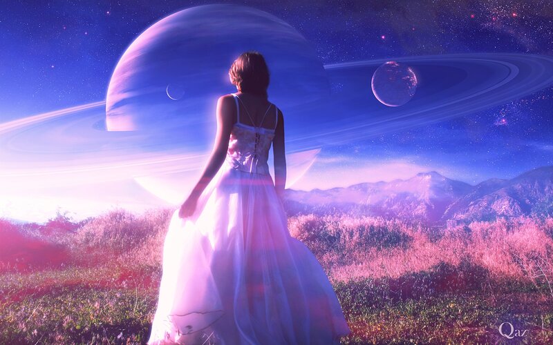 Woman in dress on alien planet