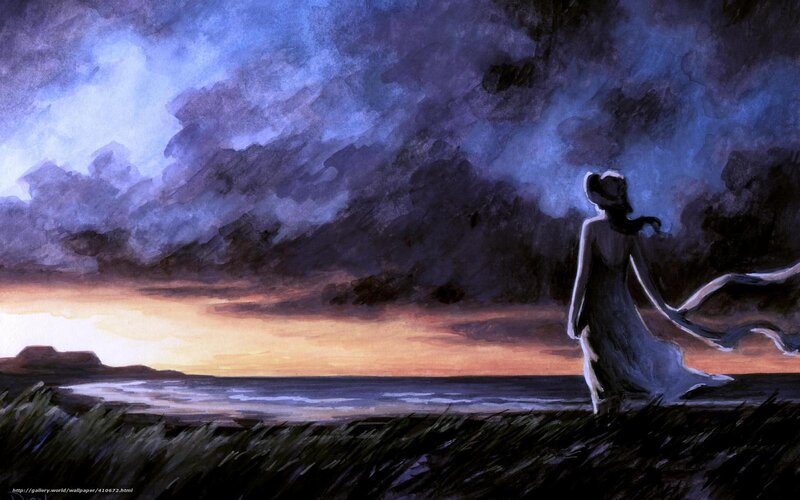 Woman in Dress on Beach — Blue, Dramatic