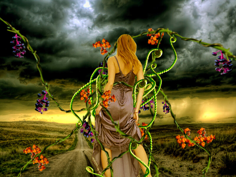Woman in Dress on Road — Green, Dramatic