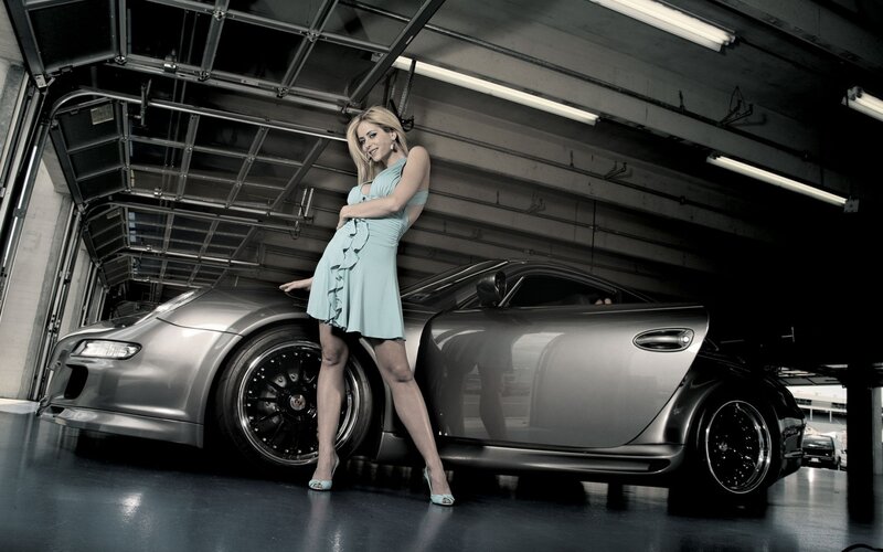 Woman in Dress with Car — Gray, Dramatic