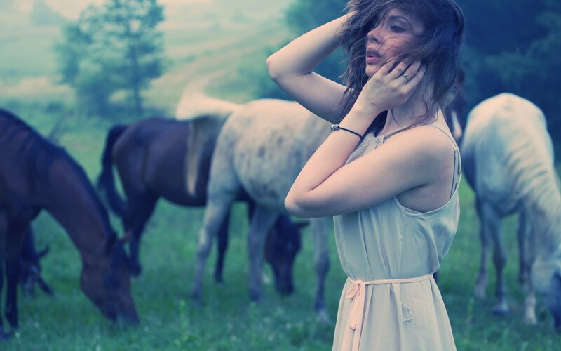 Woman in Dress with Horses — Green