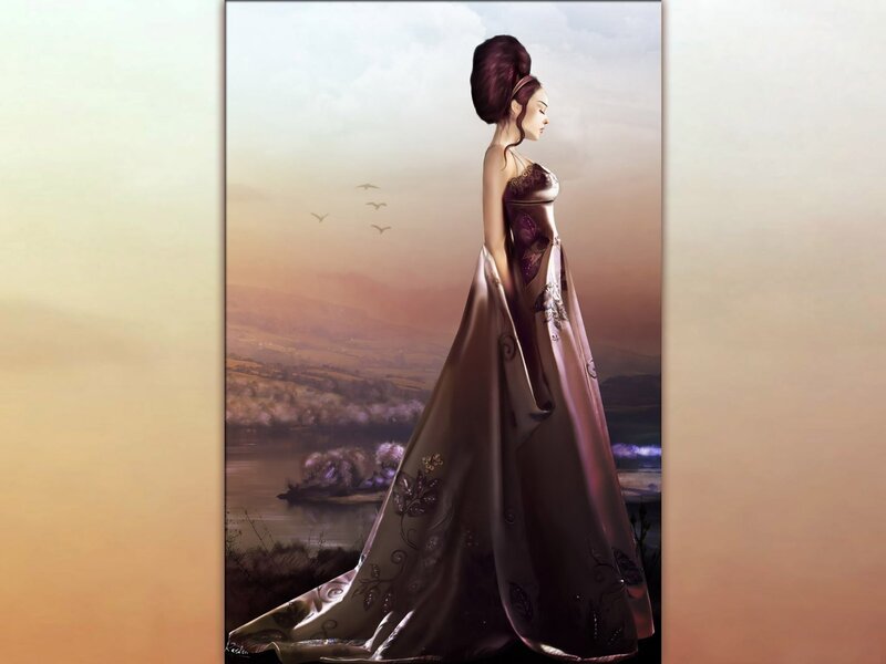 woman in elegant gown at sunset