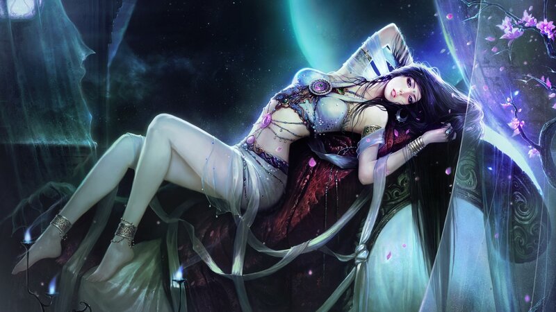Woman in Fantasy Attire — Purple, Dramatic, Night, Digital Art