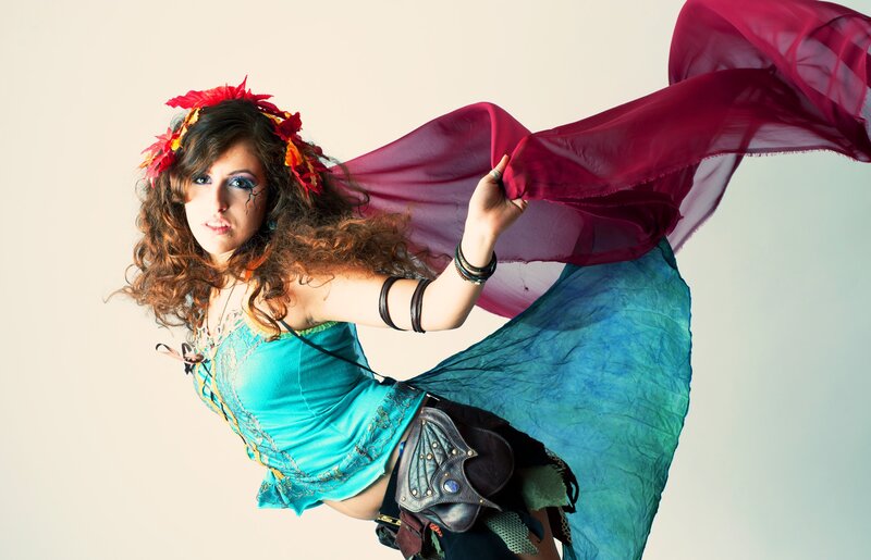 woman in fantasy costume with flowing fabric