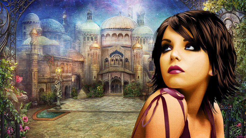 woman in fantasy courtyard