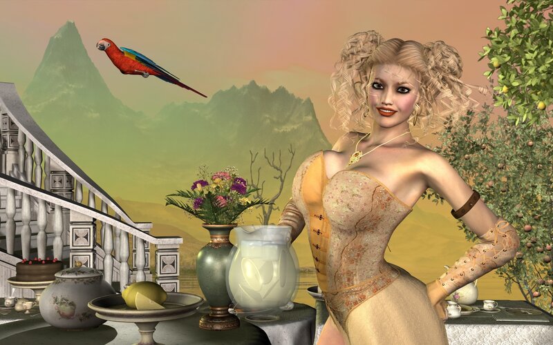 woman in fantasy setting with parrot