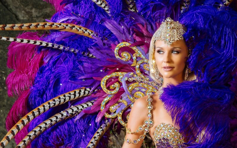 Woman in Feather Costume — Purple, Dramatic