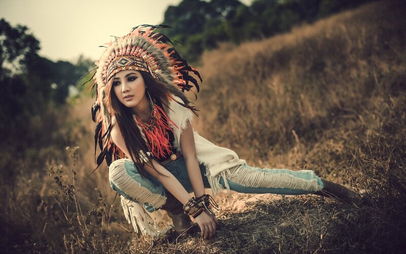Woman in Feather Headdress — Brown, Dramatic, Afternoon