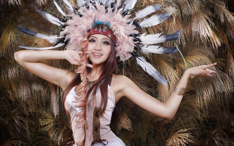 Woman in Feather Headdress — Brown, Dramatic