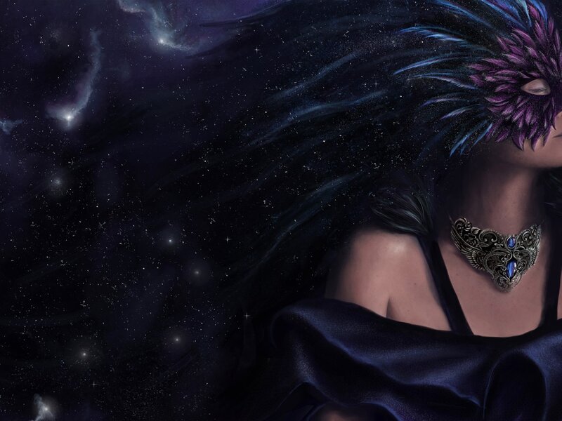 Woman in Feather Mask — Black, Dramatic
