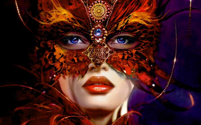 Woman in Feather Mask — Orange, Dramatic, Digital Art, Feathers