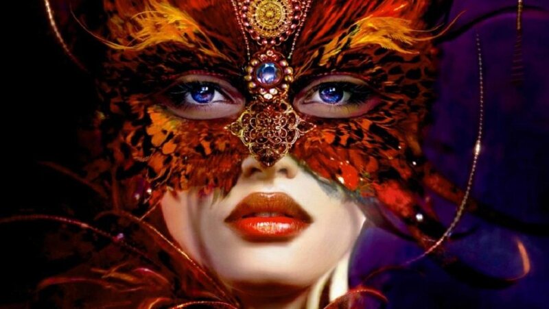 Woman in Feather Mask — Orange, Dramatic, Digital Art