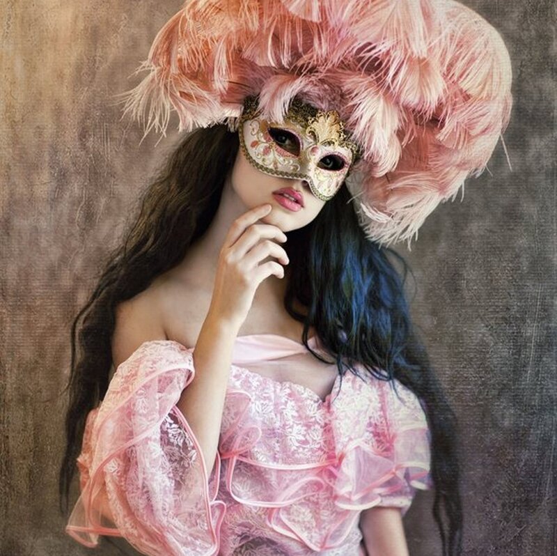 Woman in Feather Mask — Pink, Dramatic, Photograph